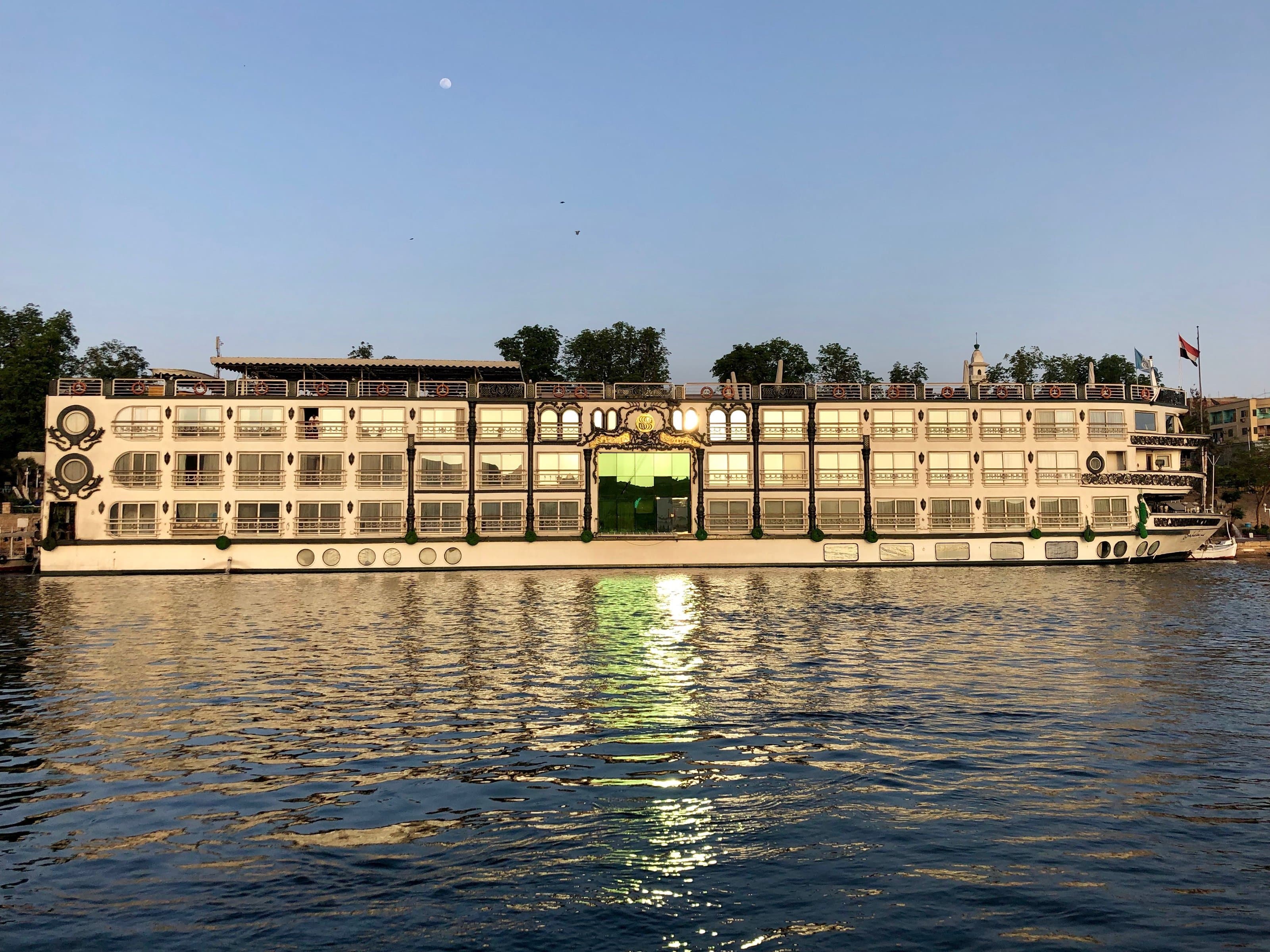 The Sonesta St. George cruise ship moored at Aswan in the evening light